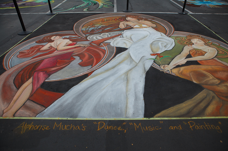 Alphonse Mucha's Dance, Music, and Painting chalk art by Dawn Morrison at Chalk The Block 2012 in Provo, UT